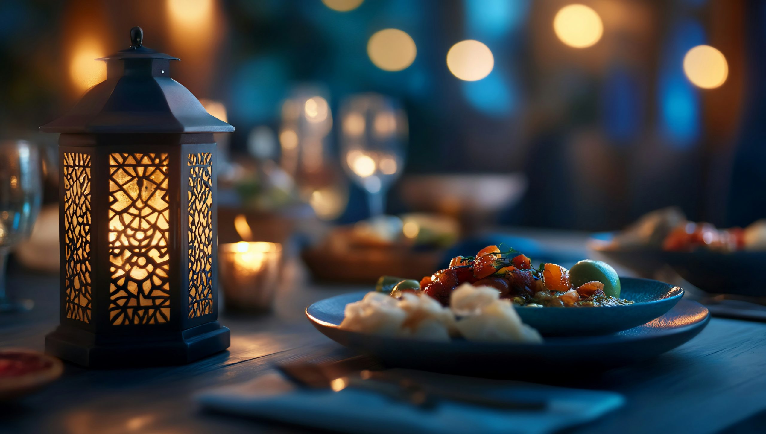 plate of food and a lantern