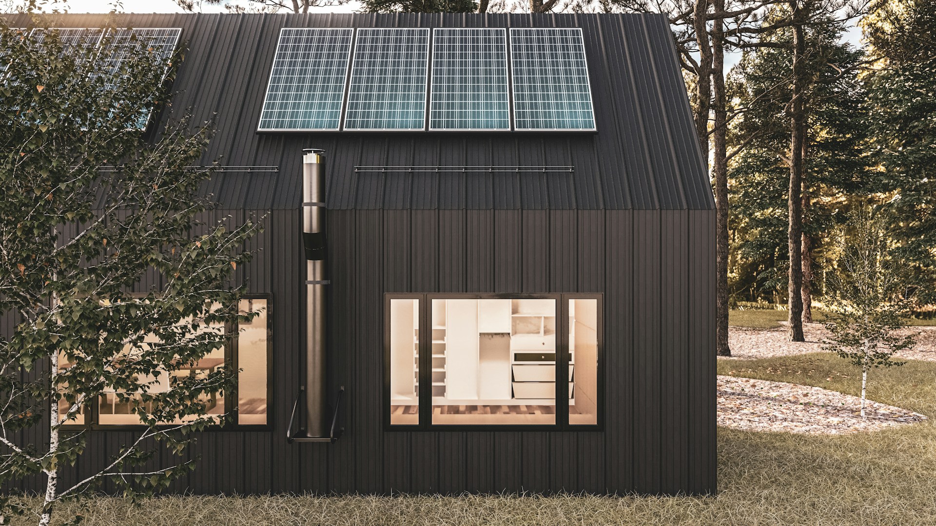 wooden house with solar panels